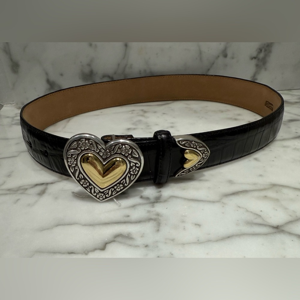 Brighton Black Croc Embossed Belt with Gold and Silver Heart Buckle NWOT